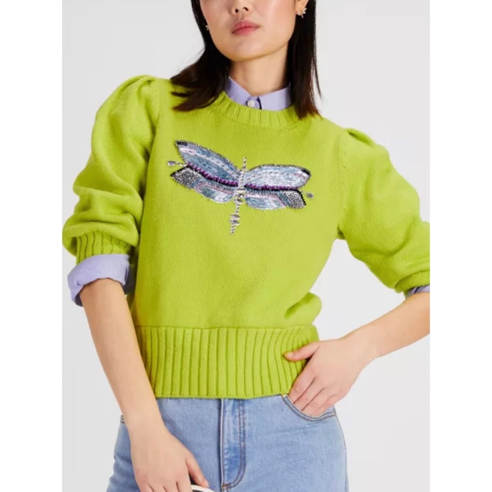 Kate Spade Dragonfly Embellished Sweater Green Gems Sparkle Spring Summer Rare S